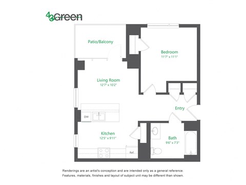 Floor plan for 1 bed, 1 bath, 666 sqft